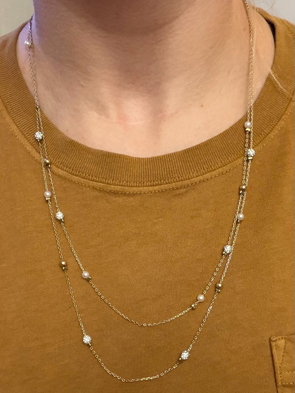 LOFT Gold Layered Necklace with White Pearls and Crystal Beads